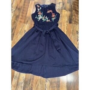 Leslie Fay Womens Vintage Swing Dress Size 10 Blue FlowerEmbroidered Belted